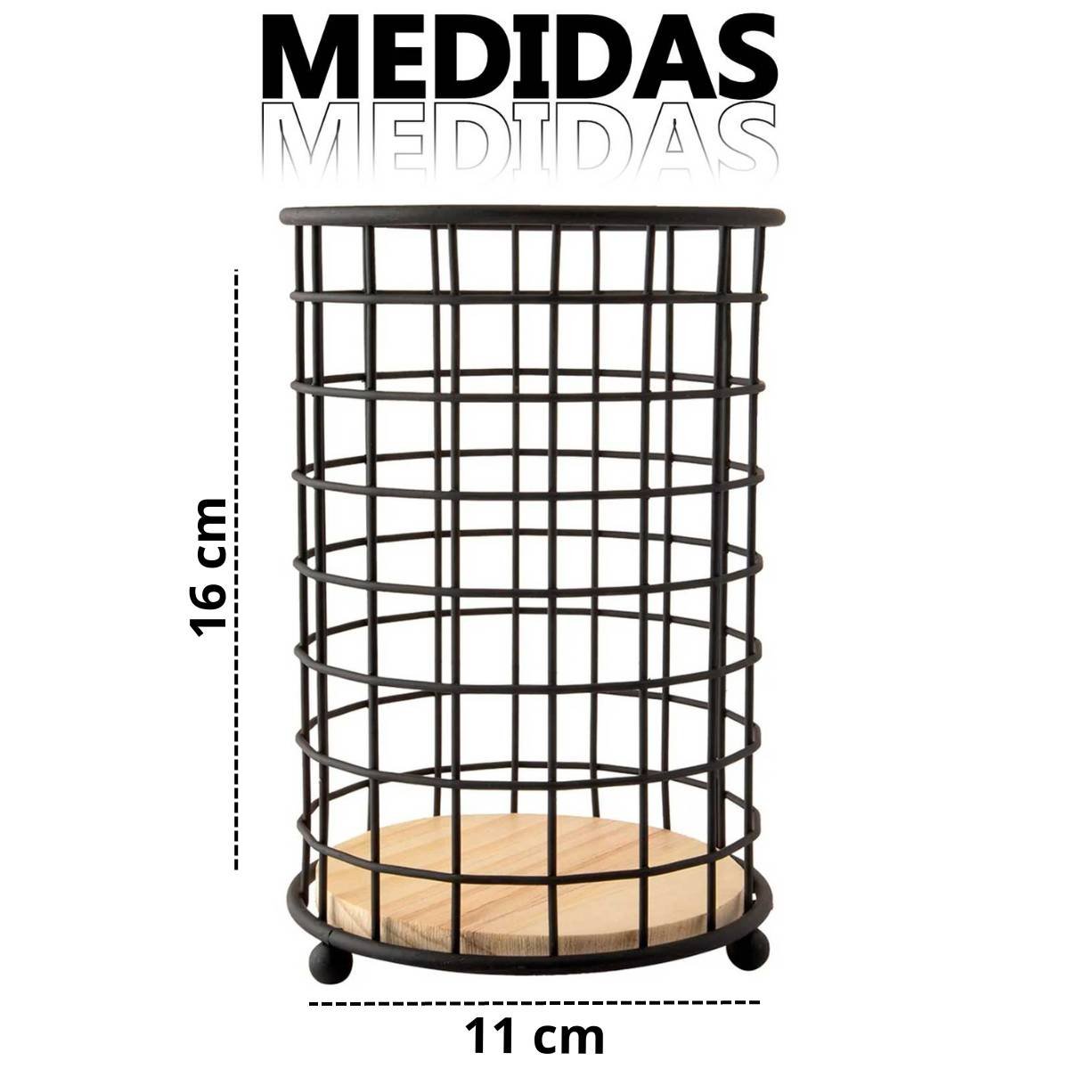 Porta Talher Redondo Escorredor Aramado Metal Preto Madeira - 7