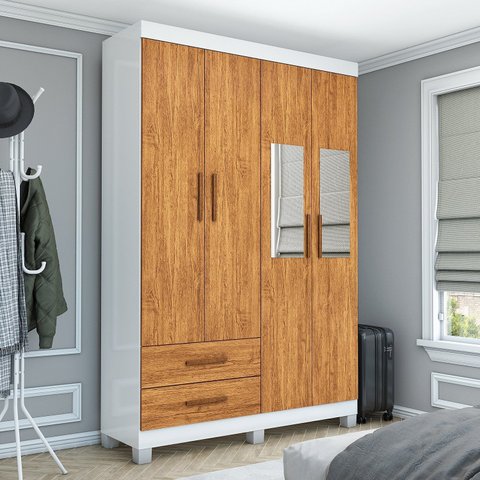 Guarda-Roupa 4 Portas 2 Gavetas com Espelho e Pés Genova Marrom/Cinamomo/Branco