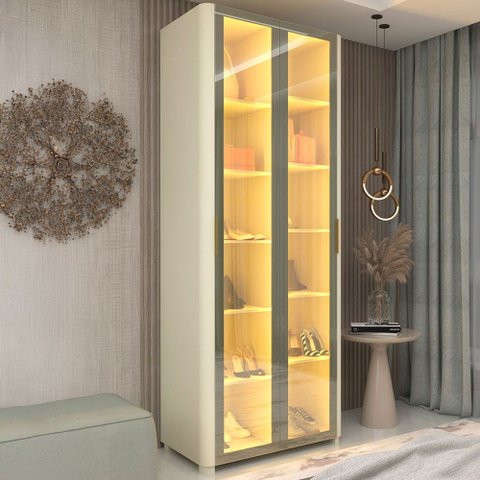 Sapateira Lúmine 2 Portas com Vidro e LED 100% MDF Off White - Pnr Móveis