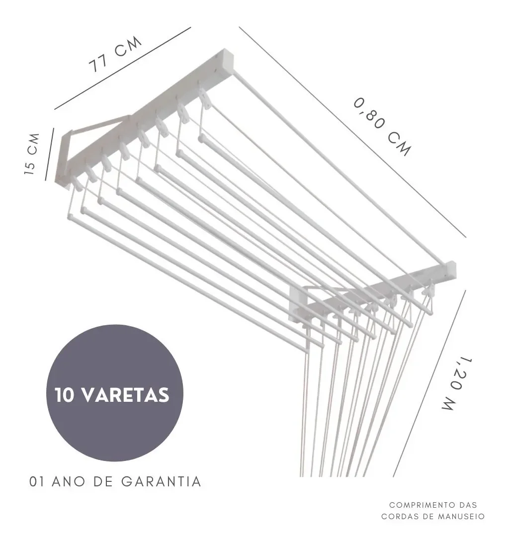 Varal De Parede Individual 80cm x 10 Varetas - Em Alumínio Branco - 2