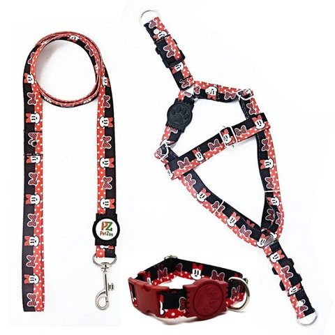 Conjunto Coleira, Peitoral Guia e Cinto para Cachorro - Tamanho Pequeno - Modelo Minnie