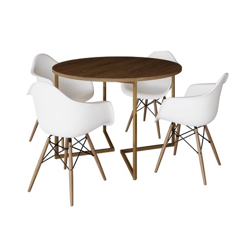 Mesa Jantar Industrial Redonda 110cm Amêndoa Base V Dourada com 4 Poltronas Eames Eiffel Daw Madeira