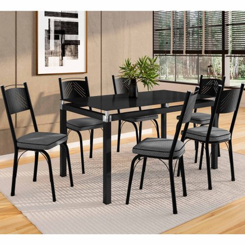 Conjunto Mesa de Jantar Tubular com 6 Cadeiras Malva Tampo Vidro 140cm 151 Sf Preto/platina - Movelp