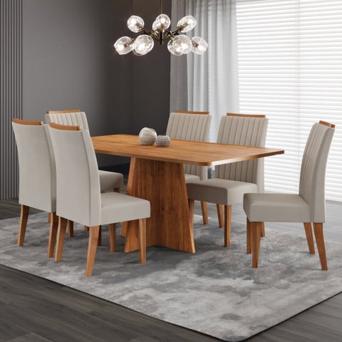 Conjunto Sala de Jantar 160x77,5cm Tampo sem Vidro e 6 Cadeiras Tannat Yescasa Bege/Mel