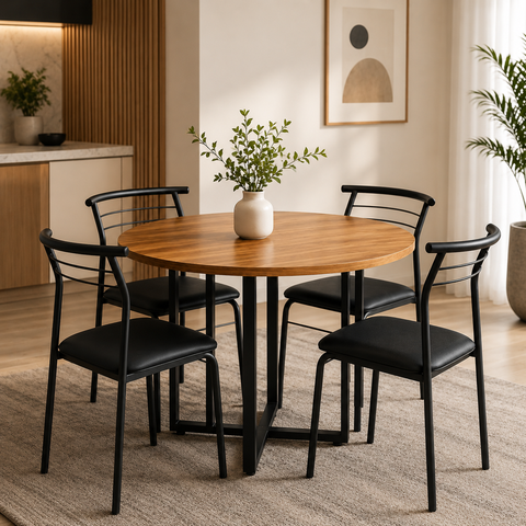 Mesa Jantar Redonda 110cm com 4 Cadeiras em Aço 84,5cm Cor:Nogal e Preto