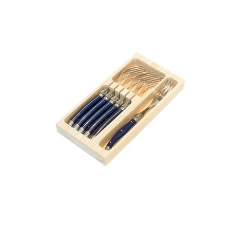 Conju. 6 Garfos Laguiole Luxo em Bandeja de Madeira Azul