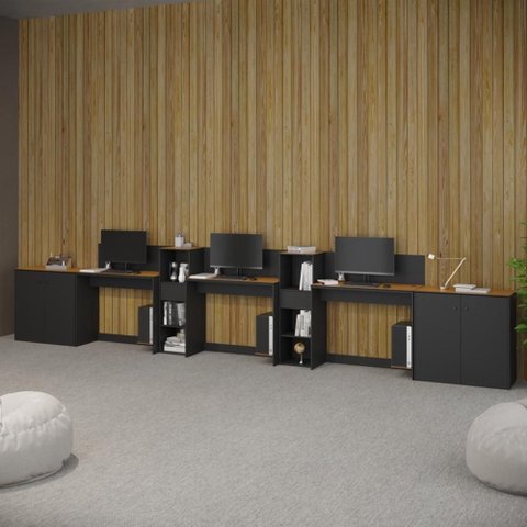 Conjunto de Escritório Noruega 2 Livreiro 2 Buffet e 3 Mesas 90cm - Via Nossa - Preto e Cedro