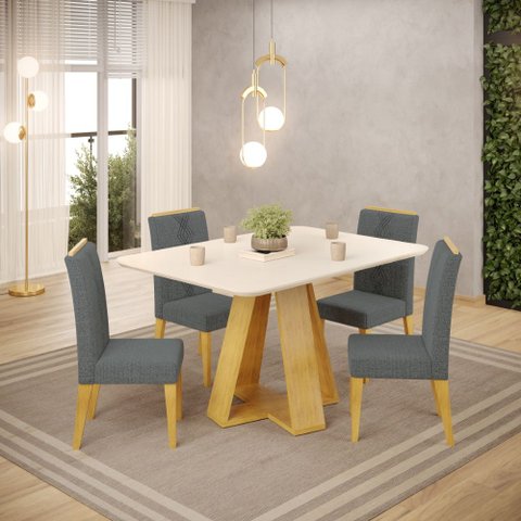 Conjunto de Mesa Kiara 120cm Cedro Off White e 04 Cadeiras Yasmin Cedro Linho Granito DJ Móveis