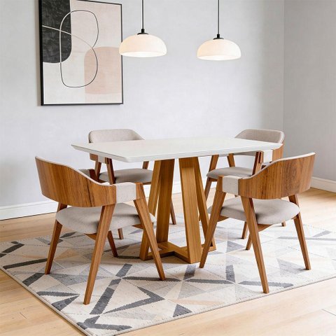 Mesa Retangular Elian Tampo de Vidro 120cm Ypê Off White N01 com 4 Cadeiras Suran Linho Cru - Lyam