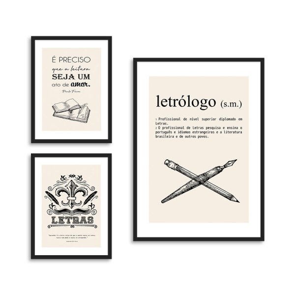 Kit 3 Quadros Profissões Letras Moldura Preta Sem Vidro Decorativo Interiores - 1