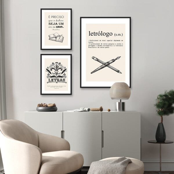 Kit 3 Quadros Profissões Letras Moldura Preta Sem Vidro Decorativo Interiores - 2