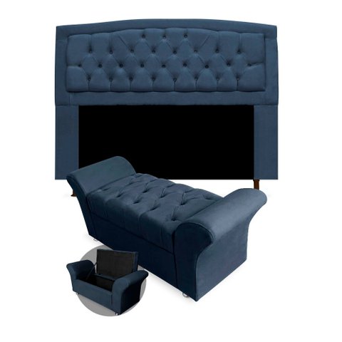 Kit Cabeceira Geovana + Calçadeira Baú Veneza Casal 140cm Suede - Ecotec Decor:Azul Marinho