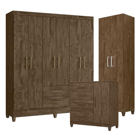 Guarda Roupa Casal Panamá com Cômoda Vênus com Pés e Armário Multiuso New Íris Castanho Wood – Moval
