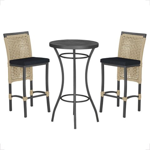 Mesa Bistro e 2 Banquetas Roma Preta Corda Náutica 12 Trama Original