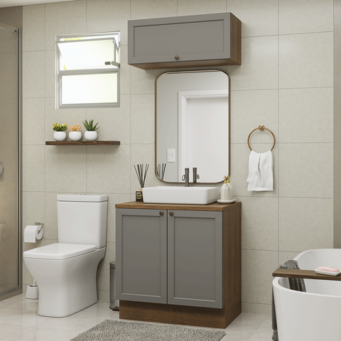 Conjunto Gabinete para Banheiro 80cm 3 Portas Rustic/Cinza Vik Madesa 02