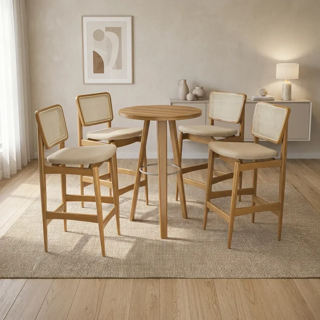 Conjunto Mesa Bistrô com 4 Banquetas Liz em Madeira Maciça Marrom/Bege