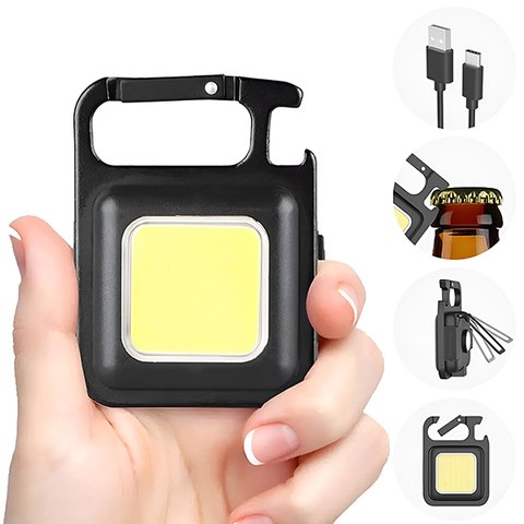 Mini Lanterna Led de Chaveiro Portátil Recarregável com Abridor de Garrafas Ajustável 3 Modos de Luz