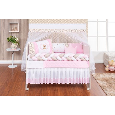 Kit Berço Trança Ursinho Marinho Menino 11 Peças com Saia:rosa