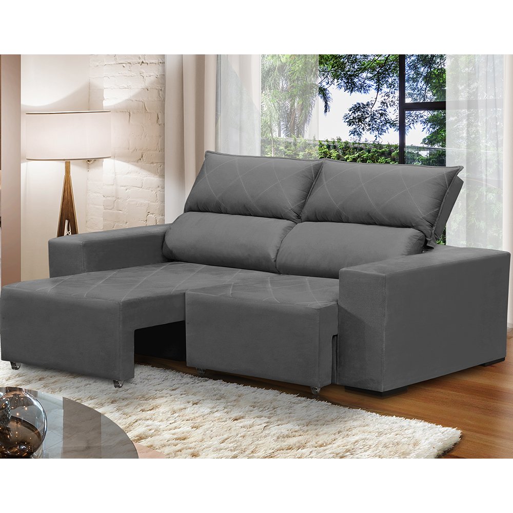 Sofá Retrátil e Reclinável 2 Lugares 1,50m Virginia Suede Cinza Arapongas Decor