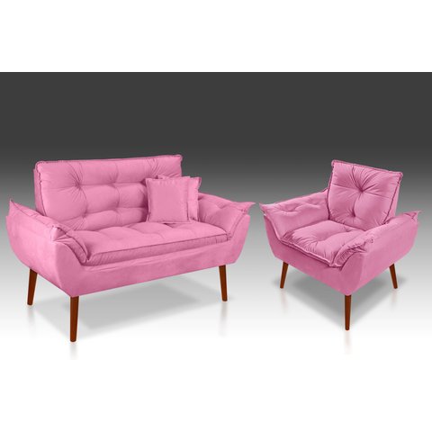 Kit 01 Poltrona + 01 Namoradeira Opala + 02 Almofadas Suede Rose-RV DECORA