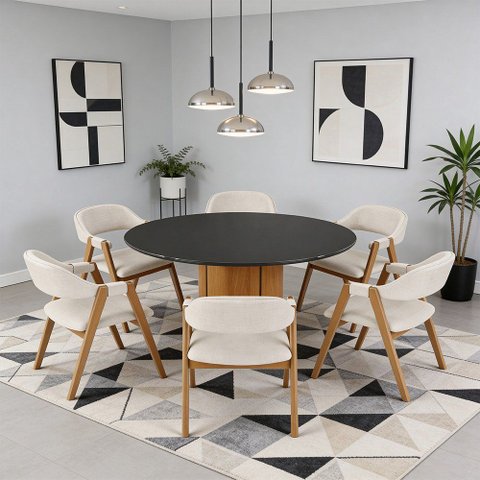 Mesa Redonda Tampo de Vidro Verbena 135cm Ypê Preto N01 com 6 Cadeiras Nadja Linho Cru - Lyam Decor