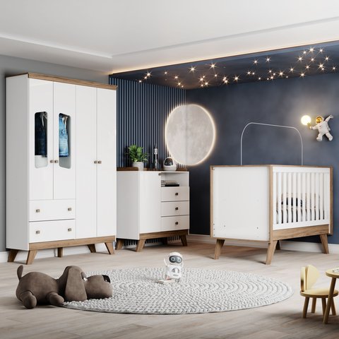 Conjunto Quarto de Bebê Completo Berço Mini Cama 3 em 1 + Cômoda + Guarda Roupa Branco/Jequitibá HP Confete