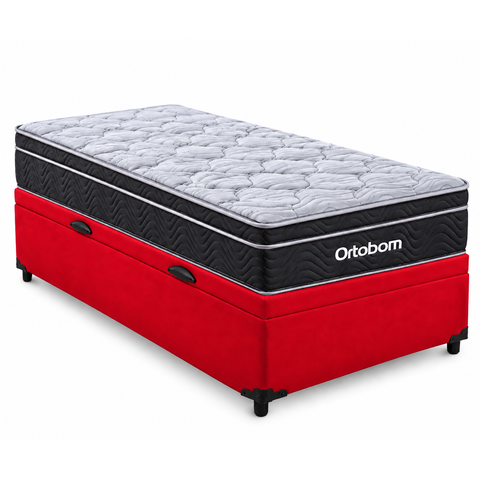 Cama Box Baú Solteiro Suede Vermelho + Colchão Ortobom Elegant Superpock