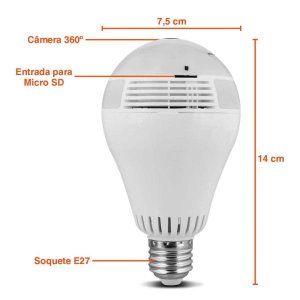 Lâmpada Led Espiã Câmera Segurança Wifi Panorâmica 360° Full Hd Android Ios Sd Microfone Bivolt