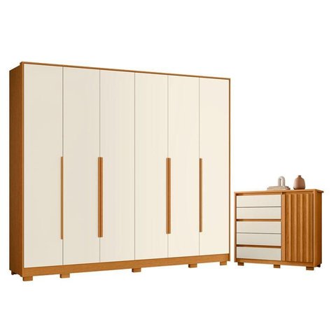 Guarda Roupa Casal Mercure 6 Portas e Cômoda Sapateira Duetto 01 Porta e 05 Gavetas Cinamomo Off
