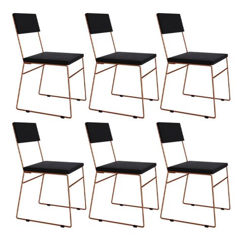 Kit 6 Cadeiras Málaga Veludo Preto Base Cobre para Mesa Sala Cozinha - Cobre/preto