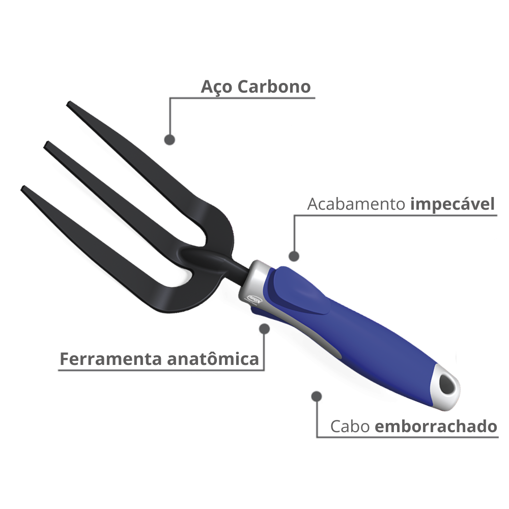 Garfo de 3 Dentes para Jardinagem Aço Carbono Cabo Emborrachado Azul Durín - 2