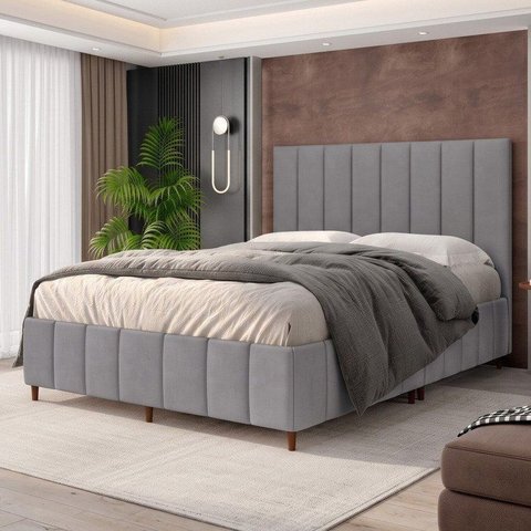 Conjunto Cama Casal Queen Estofada e Cabeceira 158cm Eva Cinza