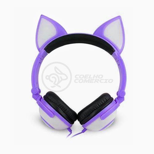 Fone de Ouvido Gatinho Fox Sem Fio Com Led Orelha Gato Dobrável Infantil  Microfone H'Maston - Roxo