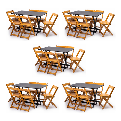 Kit 5 Conjuntos Dobráves 120x70 com 6 Cadeiras Preto/Mel - Mb Móveis