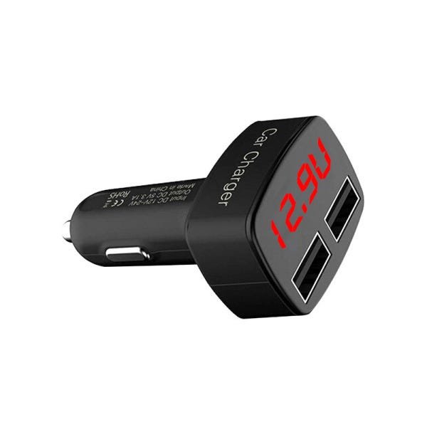 Carregador veicular USB medidor bateria e temperatura - Preto/Vermelho