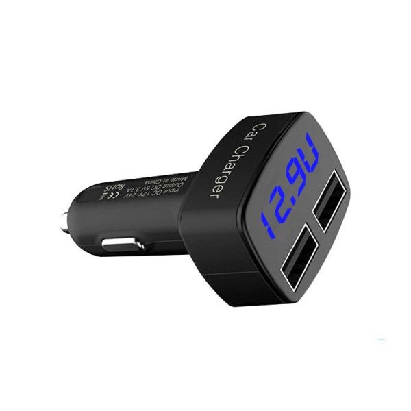 Carregador veicular USB medidor bateria e temperatura - Preto/Azul