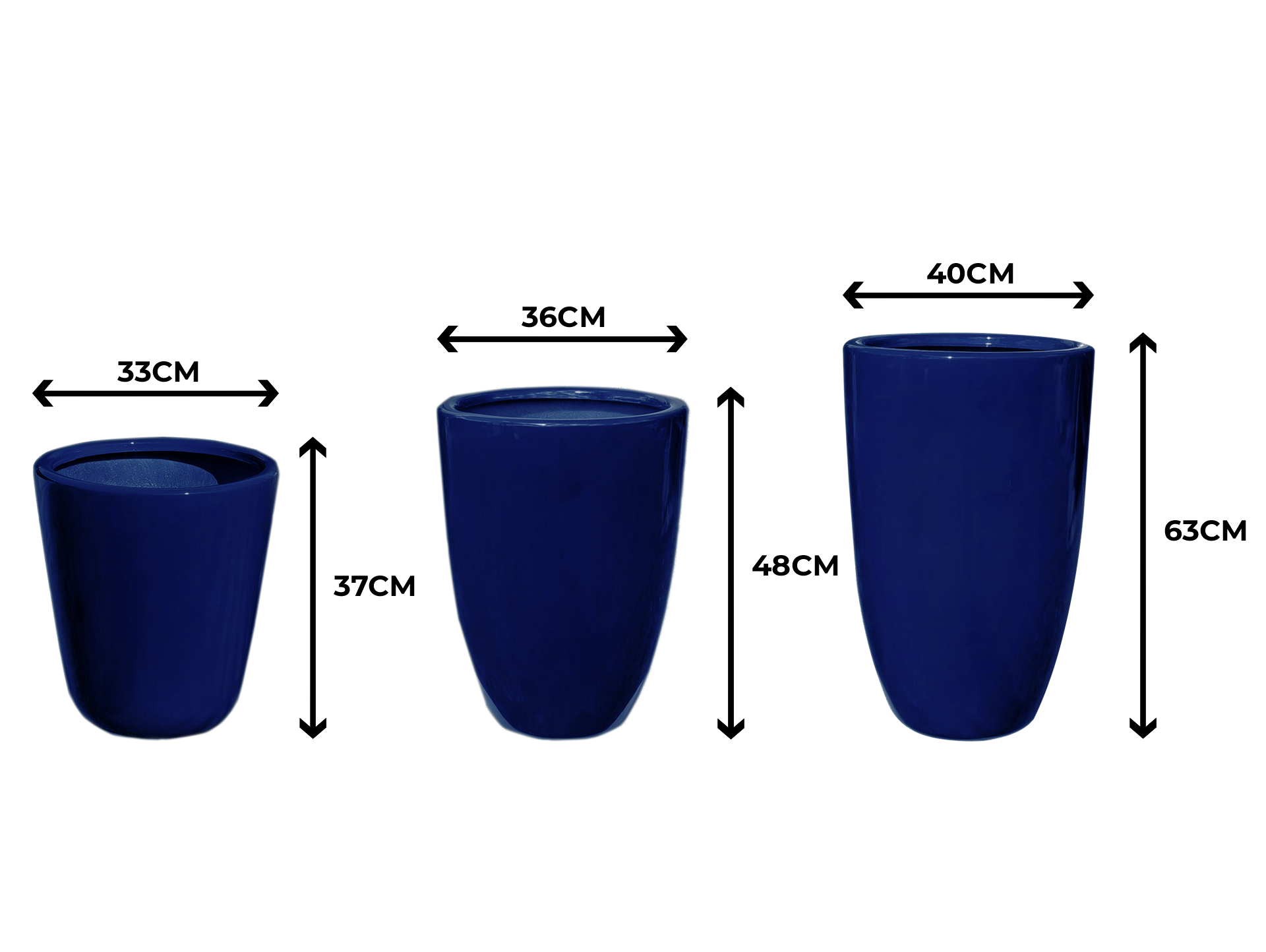 Trio de Vasos Azul Fibra de Vidro Estilo Vietnamita 37, 48, 63cm - 2