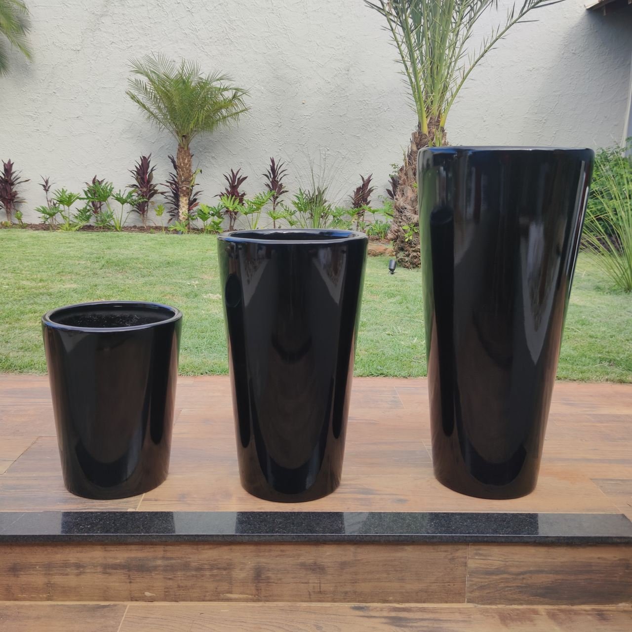 Trio Vasos Preto para Plantas Flores Fibra de Vidro Estilo Vietnamita 40, 60 e 80Cm - 1