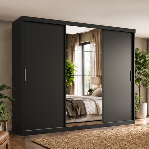 Guarda-Roupa Casal 3 Portas de Correr com Espelho e 2 Gavetas Paris