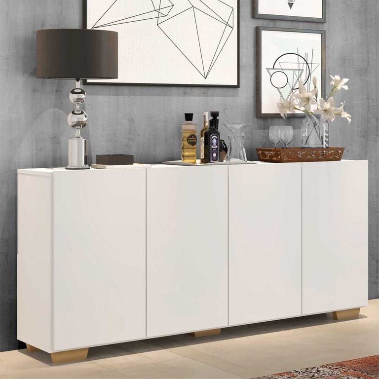 Aparador Buffet 4 Portas com Pés Quadrados Veneza Branco/Natural