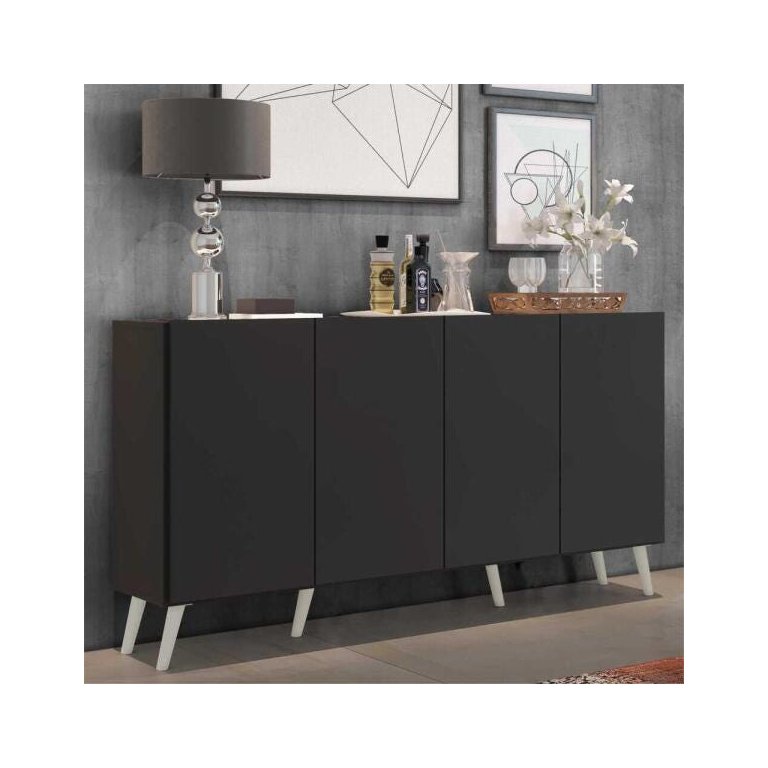 Aparador Buffet 4 Portas com Pés Retrô Veneza Preto/Branco
