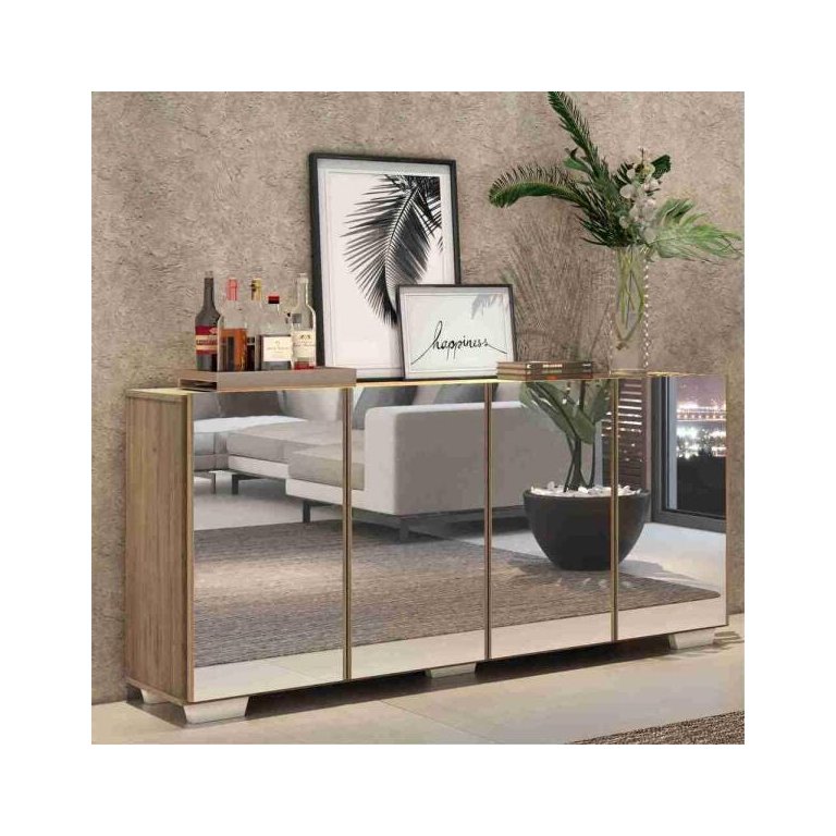 Aparador Buffet 4 Portas com Espelho e Pés Quadrados Vegas Rustic/Branco