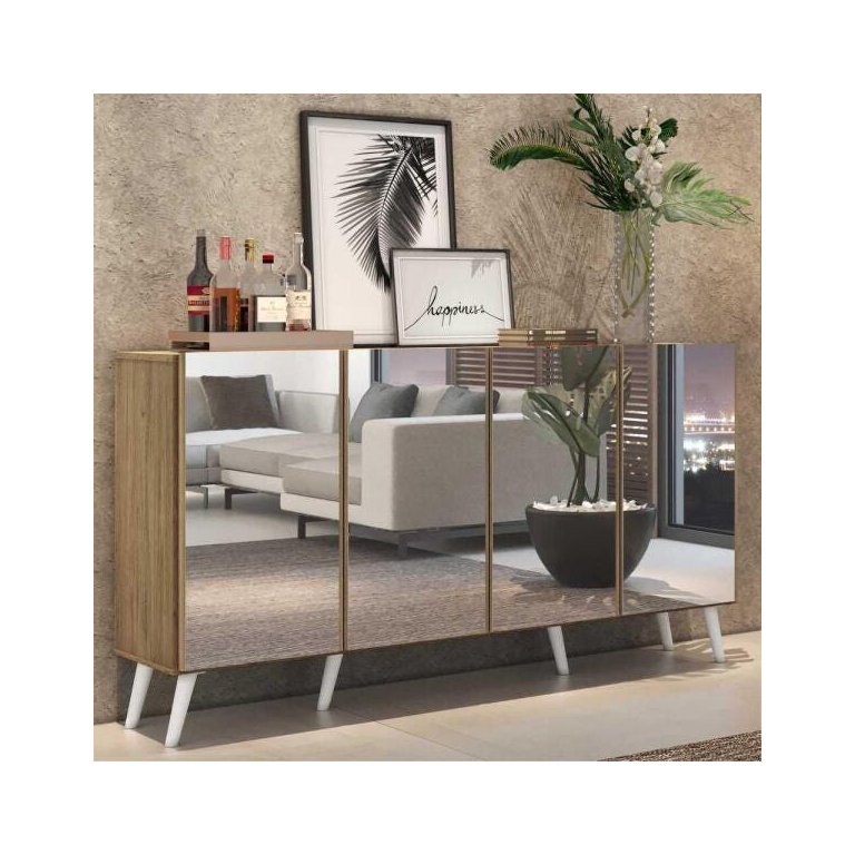 Aparador Buffet 4 Portas com Espelho e Pés Retrô Vegas Rustic/Branco