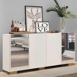 Aparador Buffet com Espelho e Pés Quadrados Vegas Branco/Natural - 2