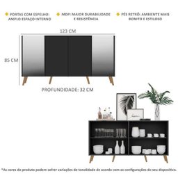 Aparador Buffet com Espelho e Pés Retrô Vegas Preto/Natural - 4