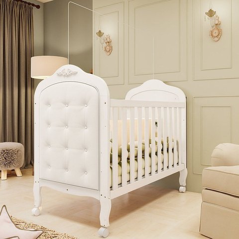Berço Minicama 3 em 1 com Capitonê 100% MDF Maya Espresso Móveis Branco Brilho/Corino