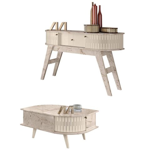 Mesa de Centro e Aparador Mármore Off White 3 Portas 1 Gaveta MDP Bege Casah