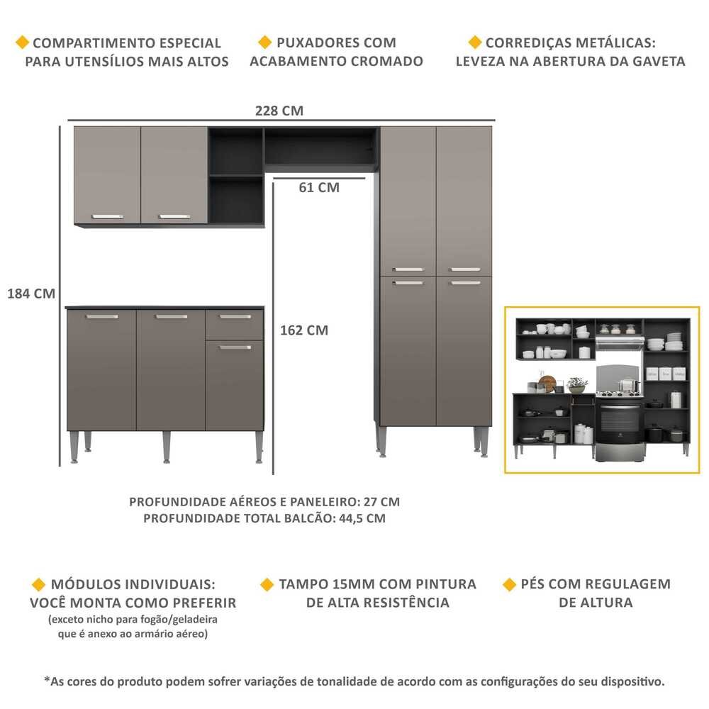Cozinha Compacta com Armário e Balcão com Tampo Pequim Up Multimóveis Preta/Lacca Fumê - 3