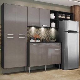 Cozinha Compacta com 3 Leds Armário e Balcão com Tampo Pequim Sun Multimóveis Preta/Lacca Fumê - 1 Cozinha Compacta com 3 Leds Armário e Balcão com Tampo Pequim Sun Multimóveis Preta/Lacca Fumê - 1