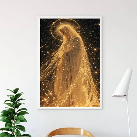 Quadro Nossa Senhora Manto de Luz Dourado 24x18cm:madeira Branca